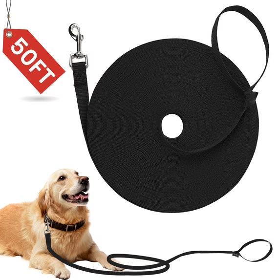Sherry Dog/Puppy Obedience Recall Training Agility Lead – 50ft Dog Leash for Small Dog, Strong Traditional Style Training Dog Leash for Play, Camping, or Backyard, Black